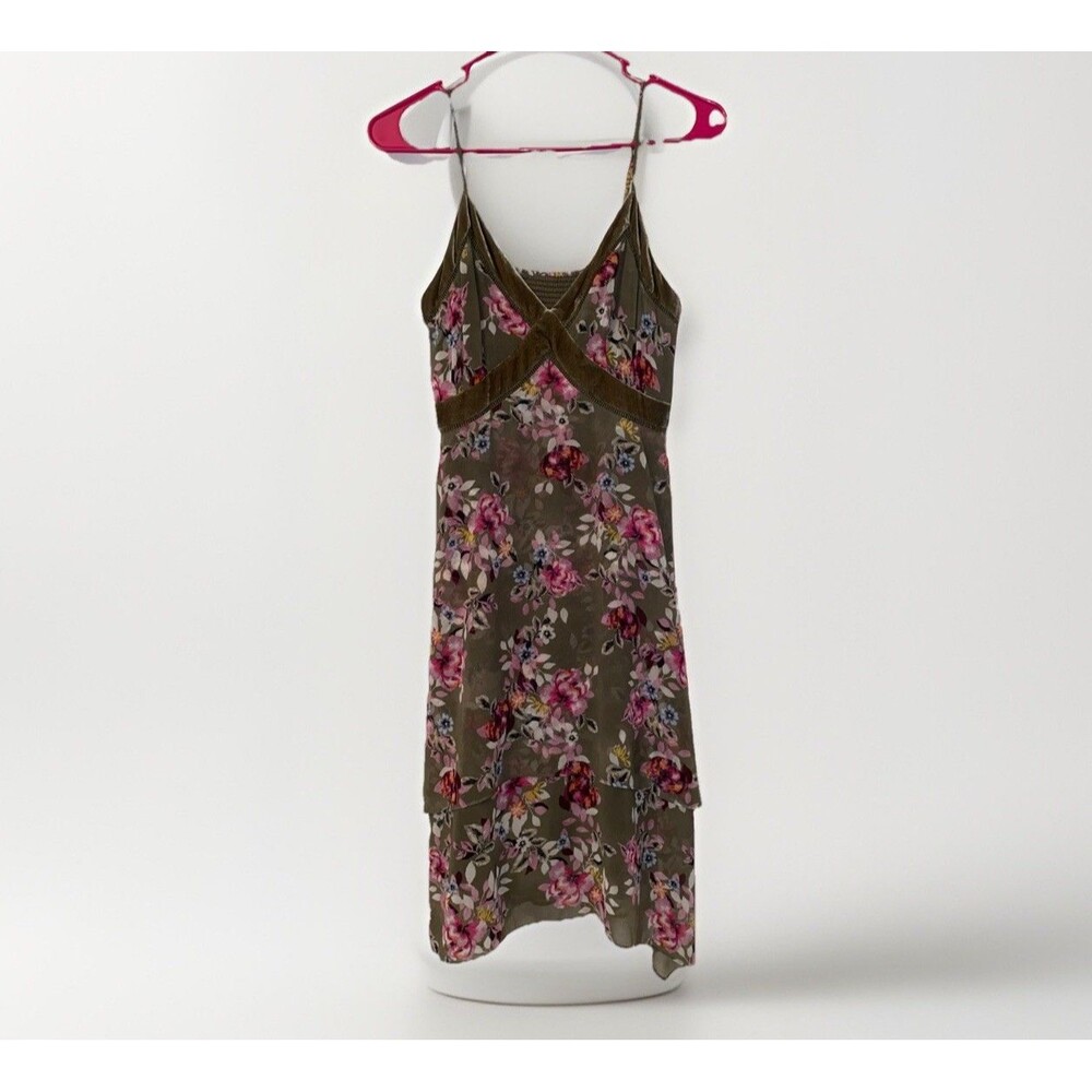 White House Black Market Floral Handkerchief Midi Dress Size 6 Fairy Velvet Trim